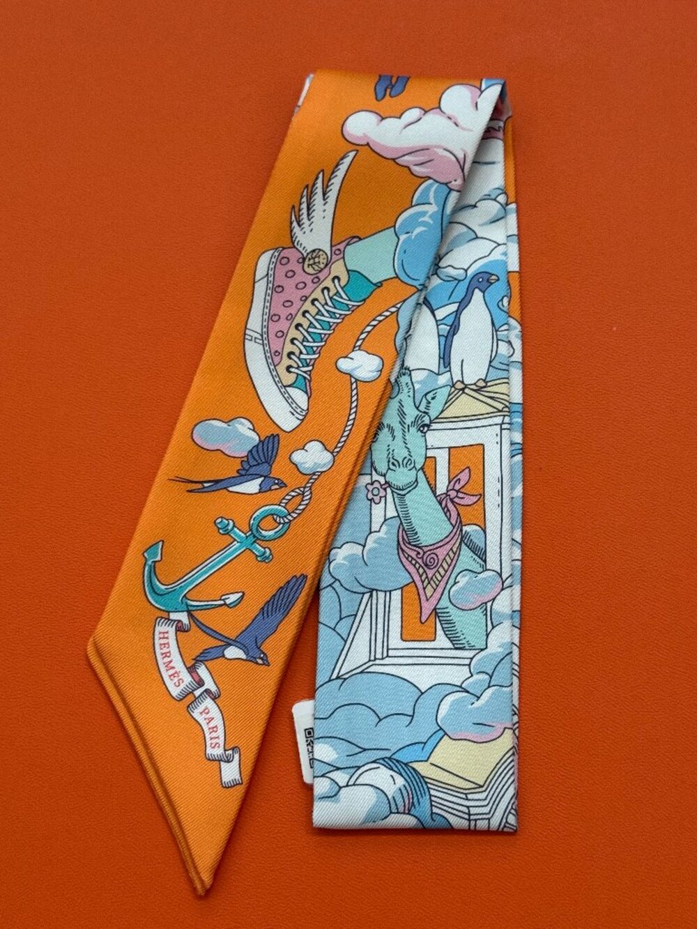 Hermes Twilly Sur Mon Nuage Orange Silk Scarf - Picture 2 of 6